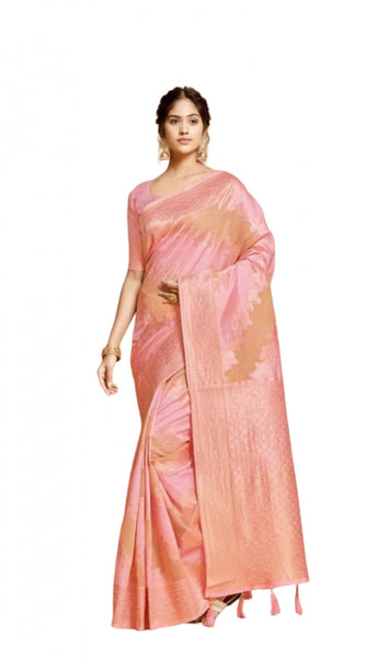 Mayawye Women's Linen Printed Saree With Unstitched Blouse (Pink, 5-6 Mtrs)