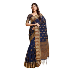 Mayawye Women's Chanderi Cotton Printed Saree With Unstitched Blouse (Navy Blue, 5-6 Mtrs)