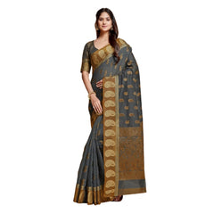 Mayawye Women's Chanderi Cotton Printed Saree With Unstitched Blouse (Grey, 5-6 Mtrs)