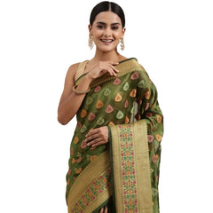 Mayawye Women's Organza Printed Saree With Unstitched Blouse (Mahendi, 5-6 Mtrs)