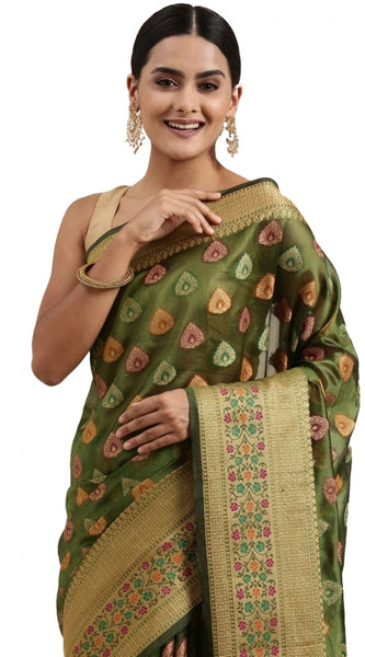 Mayawye Women's Organza Printed Saree With Unstitched Blouse (Mahendi, 5-6 Mtrs)