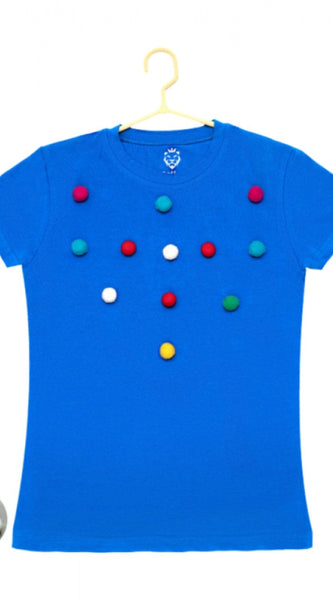 Mayawye Girl's Casual Short Sleeve Pom Pom Balls Cotton T Shirt (Royal Blue)