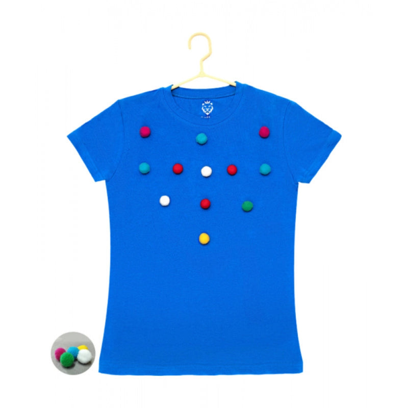Mayawye Girl's Casual Short Sleeve Pom Pom Balls Cotton T Shirt (Royal Blue)
