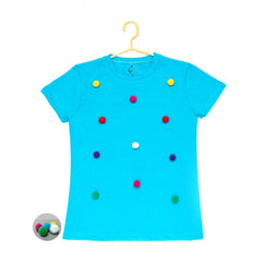 Mayawye Girl's Casual Short Sleeve Pom Pom Balls Cotton T Shirt (Blue)