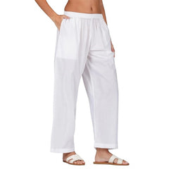 Mayawye Women's Casual Cotton Cambric Solid Elastic Palazzo Trousers (White)