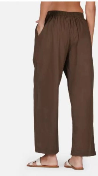 Mayawye Women's Casual Cotton Cambric Solid Elastic Palazzo Trousers (Brown)