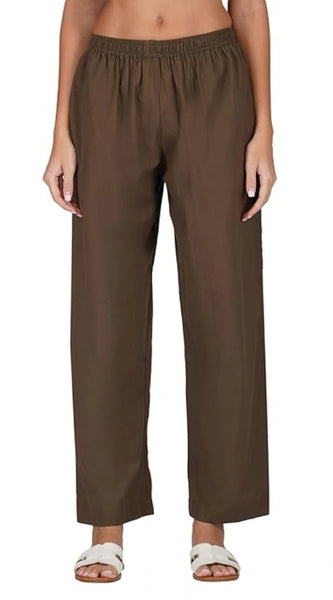Mayawye Women's Casual Cotton Cambric Solid Elastic Palazzo Trousers (Brown)