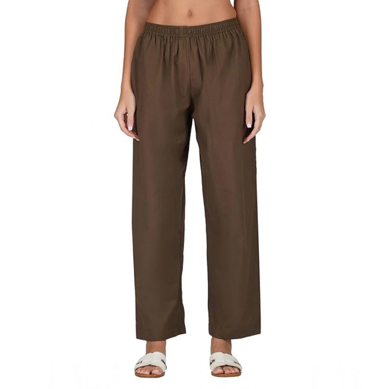 Mayawye Women's Casual Cotton Cambric Solid Elastic Palazzo Trousers (Brown)