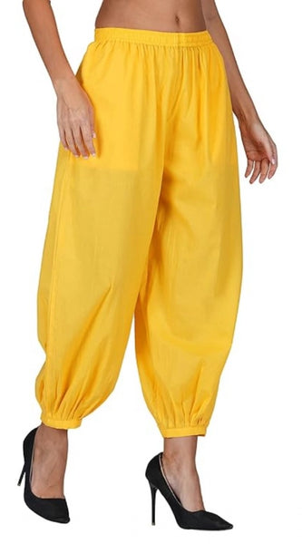 Mayawye Women's Casual Cotton Cambric Solid Elastic Waist Patiala Harem Pants (Yellow)
