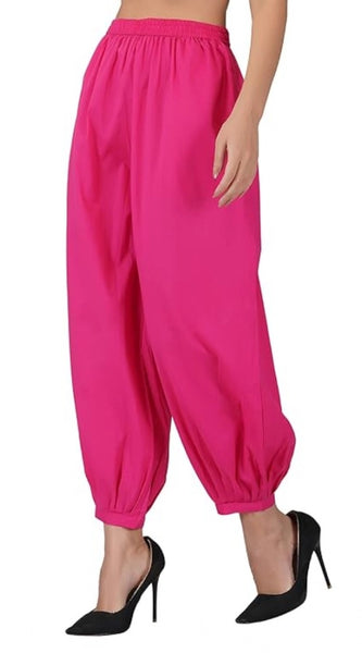 Mayawye Women's Casual Cotton Cambric Solid Elastic Waist Patiala Harem Pants (Pink)