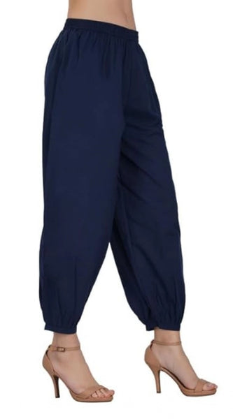Mayawye Women's Casual Cotton Cambric Solid Elastic Waist Patiala Harem Pants (Navy Blue)