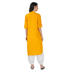Mayawye Women's Casual Cotton Solid 3-4 Sleeve Kurti (Yellow)