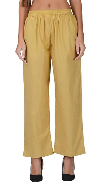 Mayawye Women's Casual Cotton Cambric Solid Elastic Palazzo Trousers (Beige)