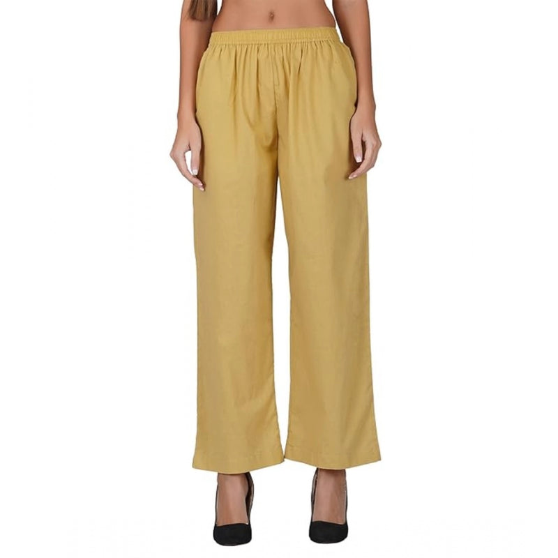 Mayawye Women's Casual Cotton Cambric Solid Elastic Palazzo Trousers (Beige)
