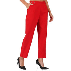 Mayawye Women's Casual Cotton Flax Solid Adjustable Waist Trouser Pants (Red)