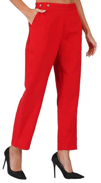 Mayawye Women's Casual Cotton Flax Solid Adjustable Waist Trouser Pants (Red)