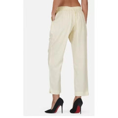 Mayawye Women's Casual Cotton Flax Solid Adjustable Waist Trouser Pants (Cream)