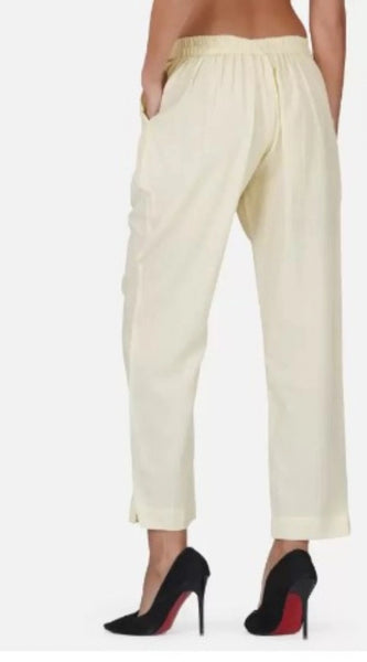 Mayawye Women's Casual Cotton Flax Solid Adjustable Waist Trouser Pants (Cream)