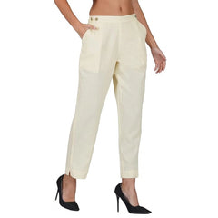 Mayawye Women's Casual Cotton Flax Solid Adjustable Waist Trouser Pants (Cream)