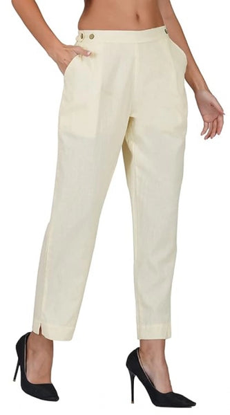 Mayawye Women's Casual Cotton Flax Solid Adjustable Waist Trouser Pants (Cream)