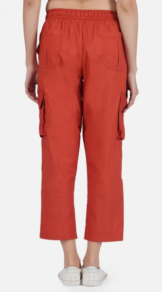 Mayawye Women's Casual Cotton Solid Cargo Pants (Rust)