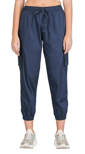 Mayawye Women's Casual Cotton Solid Elastic with Drawstring Cargo Pants (Navy Blue)