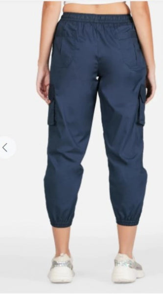 Mayawye Women's Casual Cotton Solid Elastic with Drawstring Cargo Pants (Navy Blue)