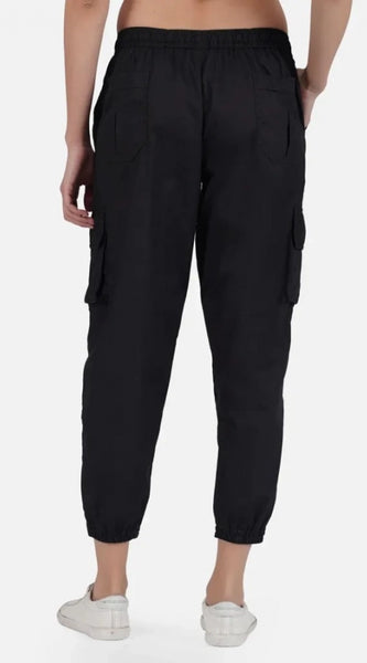 Mayawye Women's Casual Cotton Solid Elastic with Drawstring Cargo Pants (Black)