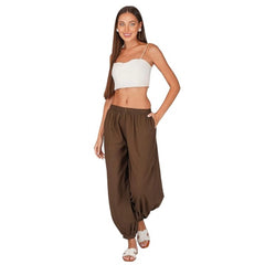 Mayawye Women's Casual Cotton Cambric Solid Elastic Waist Patiala Harem Pants (Brown)