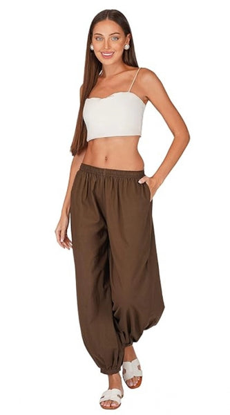 Mayawye Women's Casual Cotton Cambric Solid Elastic Waist Patiala Harem Pants (Brown)