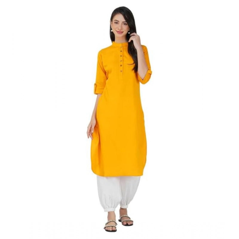 Mayawye Women's Casual Cotton Solid 3-4 Sleeve Kurti (Yellow)