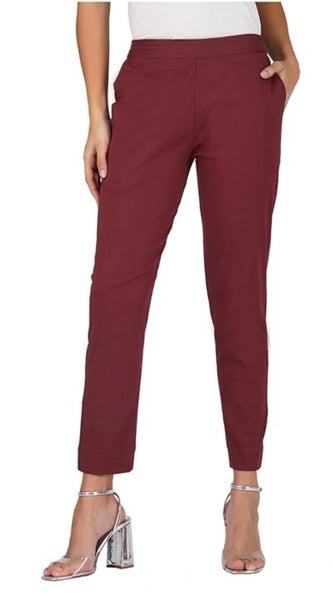 Mayawye Women's Casual Cotton Lycra Solid Trouser Pants (Maroon)