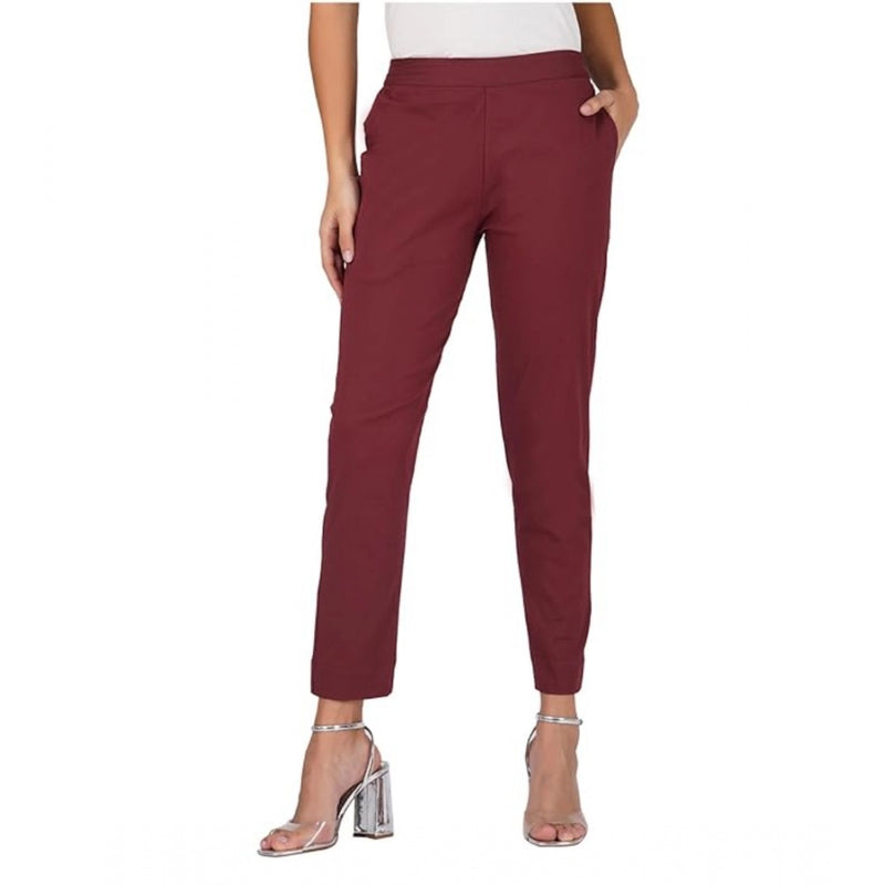 Mayawye Women's Casual Cotton Lycra Solid Trouser Pants (Maroon)