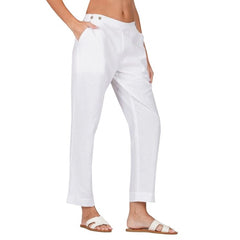 Mayawye Women's Casual Cotton Flax Solid Adjustable Waist Trouser Pants (White)