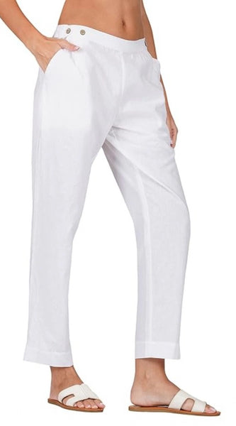 Mayawye Women's Casual Cotton Flax Solid Adjustable Waist Trouser Pants (White)