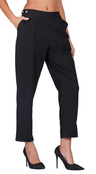 Mayawye Women's Casual Cotton Flax Solid Adjustable Waist Trouser Pants (Black)