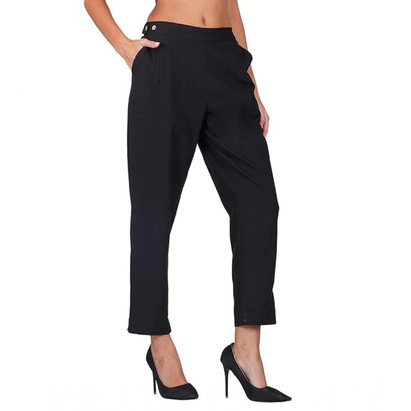 Mayawye Women's Casual Cotton Flax Solid Adjustable Waist Trouser Pants (Black)