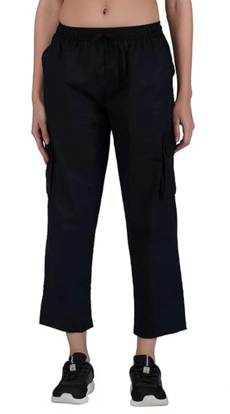 Mayawye Women's Casual Cotton Solid Cargo Pants (Black)