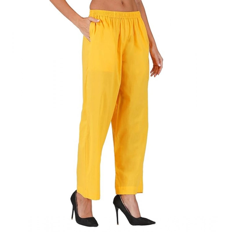 Mayawye Women's Casual Cotton Cambric Solid Elastic Palazzo Trousers (Yellow)