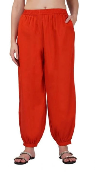 Mayawye Women's Casual Cotton Cambric Solid Elastic Waist Patiala Harem Pants (Rust)