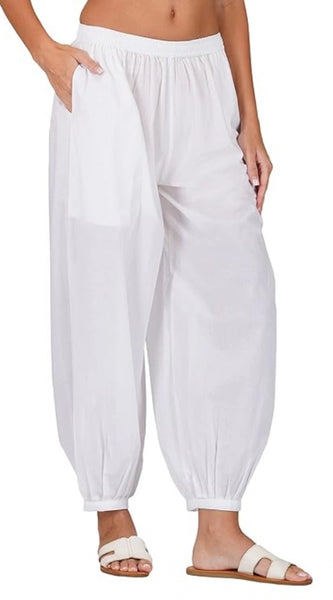 Mayawye Women's Casual Cotton Cambric Solid Elastic Waist Patiala Harem Pants (White)