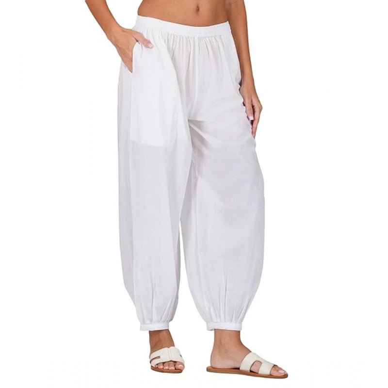Mayawye Women's Casual Cotton Cambric Solid Elastic Waist Patiala Harem Pants (White)
