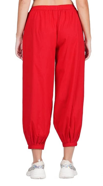 Mayawye Women's Casual Cotton Cambric Solid Elastic Waist Patiala Harem Pants (Red)