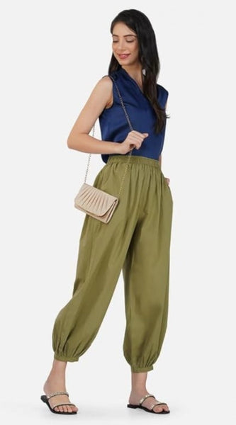 Mayawye Women's Casual Cotton Cambric Solid Elastic Waist Patiala Harem Pants (Green)
