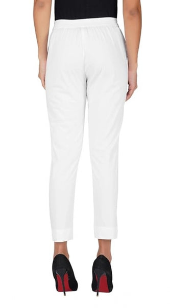 Mayawye Women's Casual Cotton Lycra Solid Trouser Pants (White)