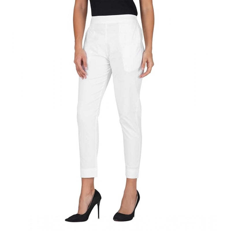 Mayawye Women's Casual Cotton Lycra Solid Trouser Pants (White)