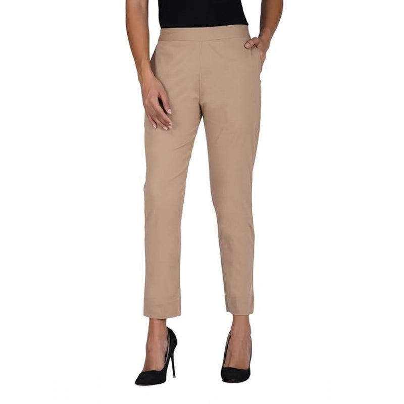 Mayawye Women's Casual Cotton Lycra Solid Trouser Pants (Beige)