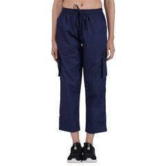 Mayawye Women's Casual Cotton Solid Cargo Pants (Navy Blue)