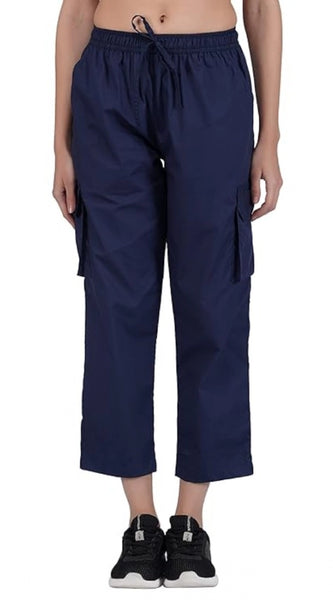 Mayawye Women's Casual Cotton Solid Cargo Pants (Navy Blue)