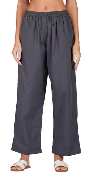 Mayawye Women's Casual Cotton Cambric Solid Elastic Palazzo Trousers (Dark Grey)